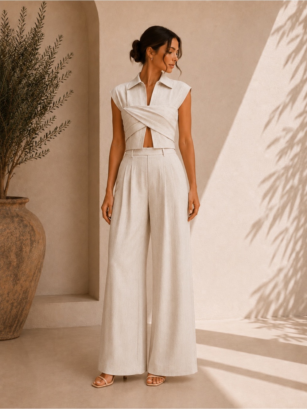 Commense Cream Cropped Wrap Top and High-Waist Wide-Leg Trousers